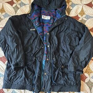 Vintage 90s Columbia parka coat black nylon & Aztec patterned fleece lining